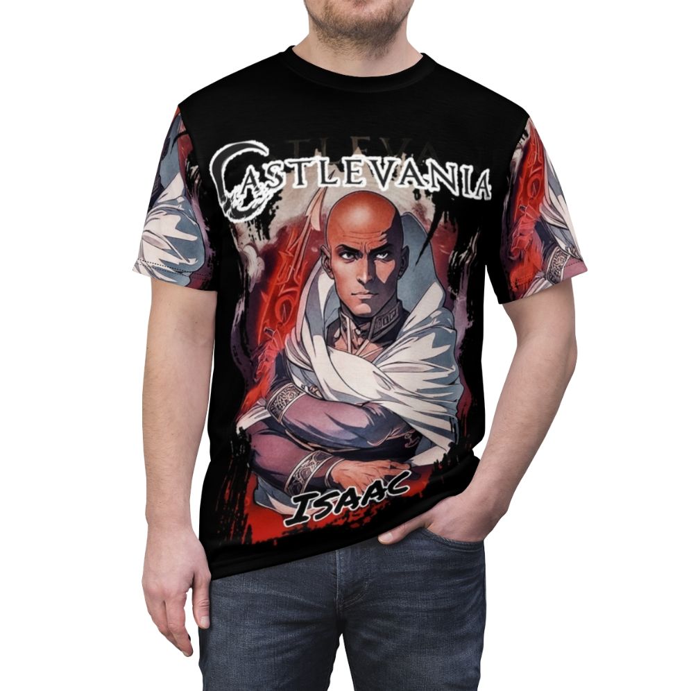 Retro Castlevania Video Game Art T-shirt featuring the Forge Master Isaac - men front