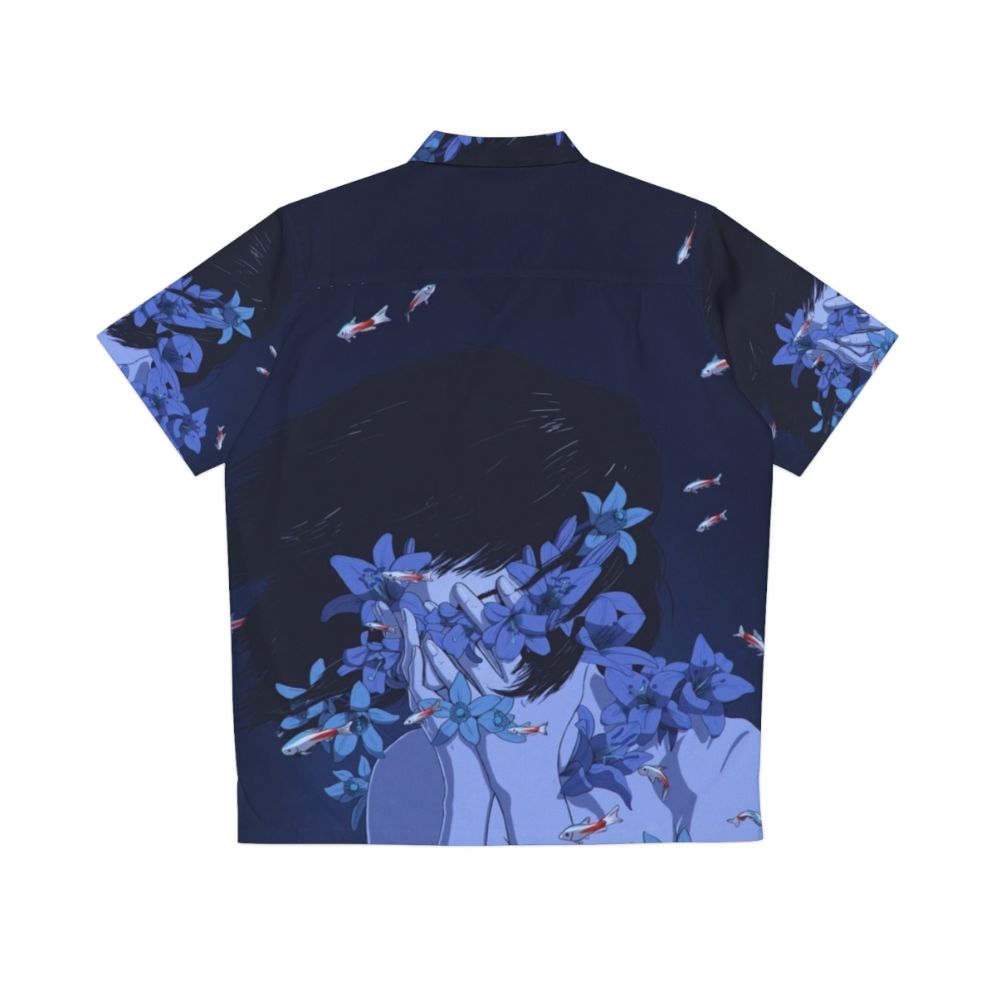 Retro blue Hawaiian shirt with anime and cartoon-inspired design - Back