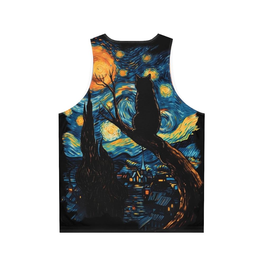 Unisex tank top featuring Van Gogh's Starry Night with a black cat - Back