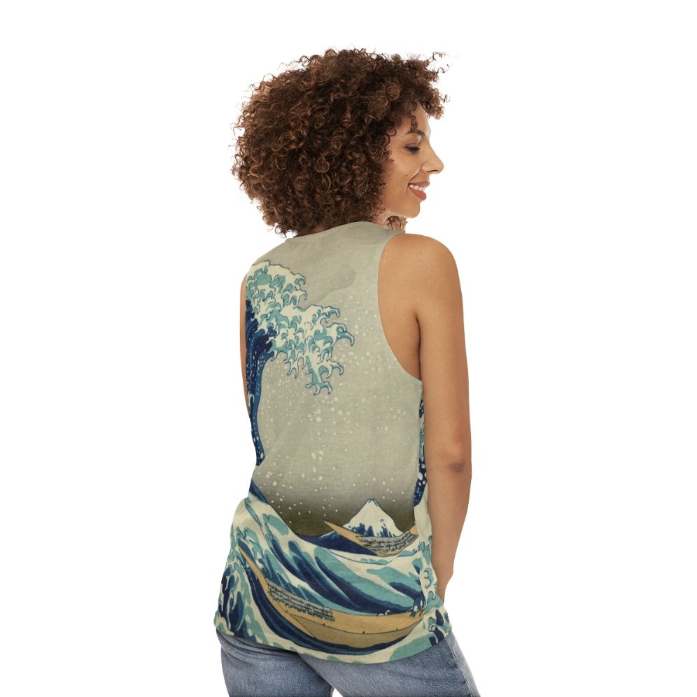 Unisex tank top featuring Hokusai's iconic Kanagawa Wave design - women back