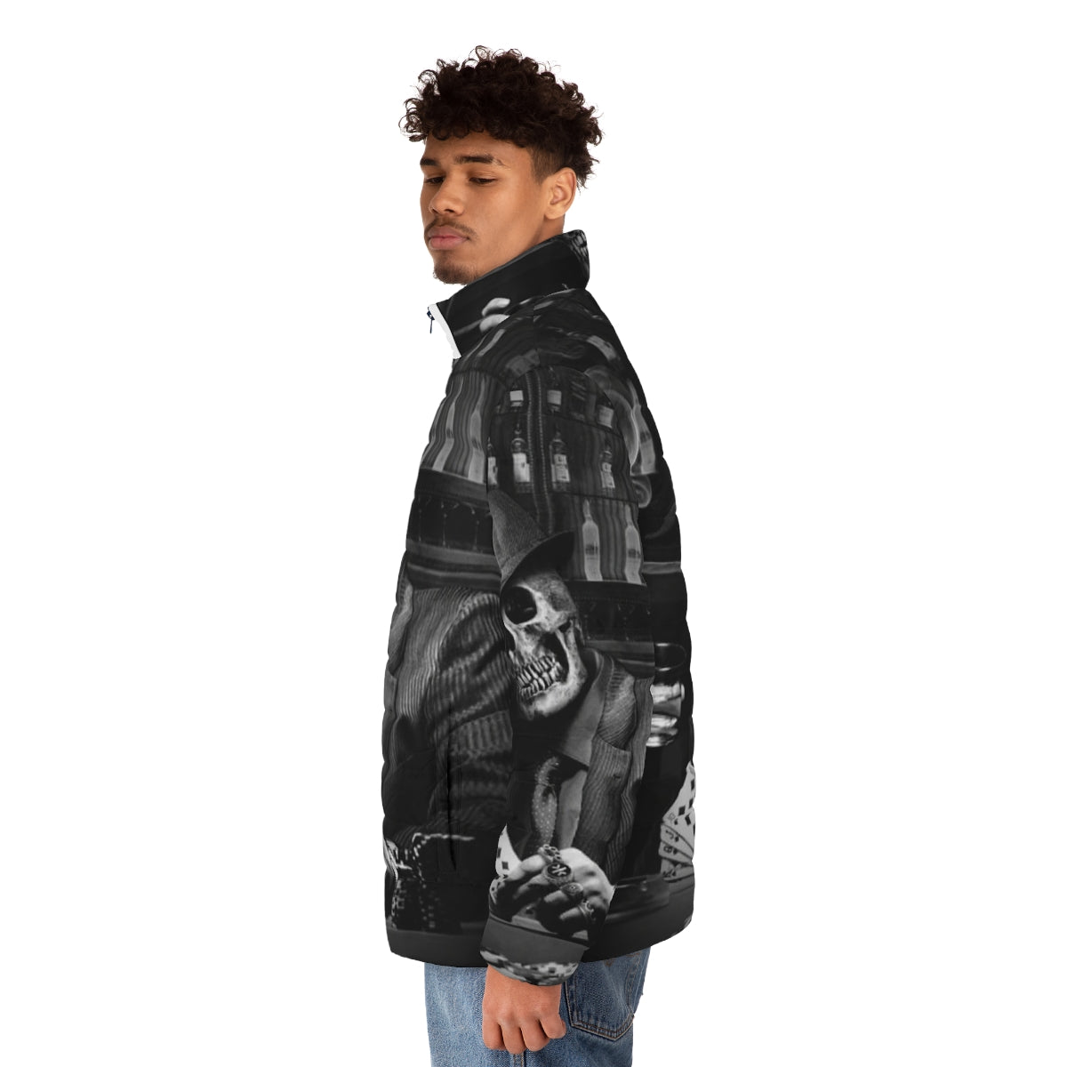 Dead Gangster Puffer Jacket featuring a skeleton and gangster-inspired design - men side left