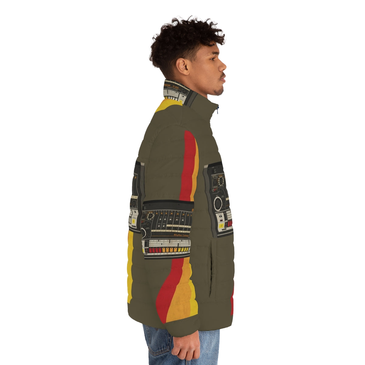 Retro 808 puffer jacket with synthesizer and drum machine design - men side right