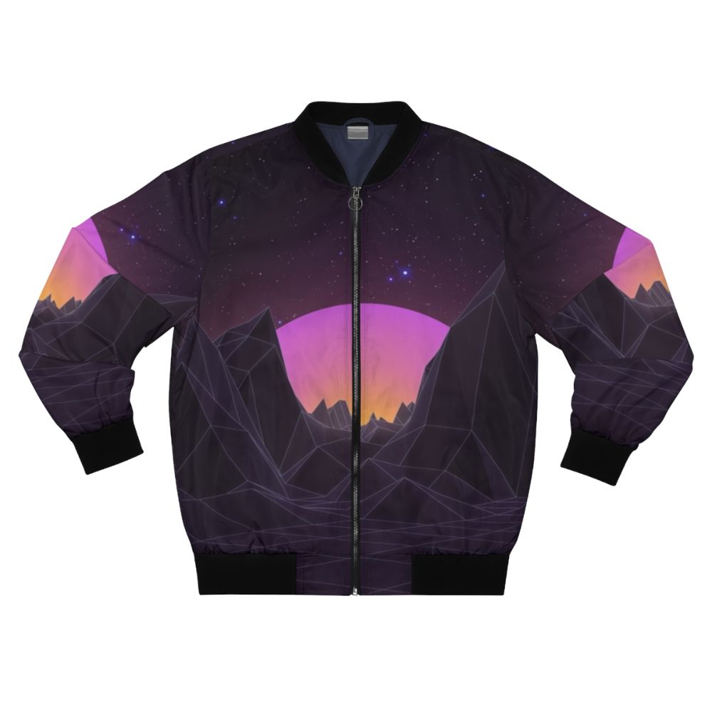 Vaporwave retro 80s bomber jacket with geometric, futuristic, and pastel design elements.