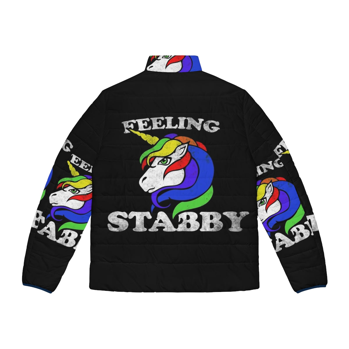 Colorful and whimsical "Feeling Stabby" unicorn puffer jacket - Back