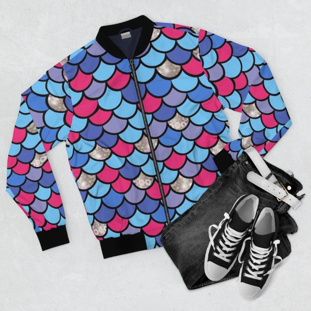 A vibrant bomber jacket with a printed design of rainbow fish scales, perfect for young children. - Flat lay