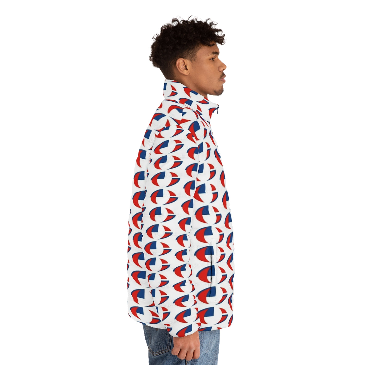 Creation Records logo puffer jacket, featuring retro 90s design - men side right