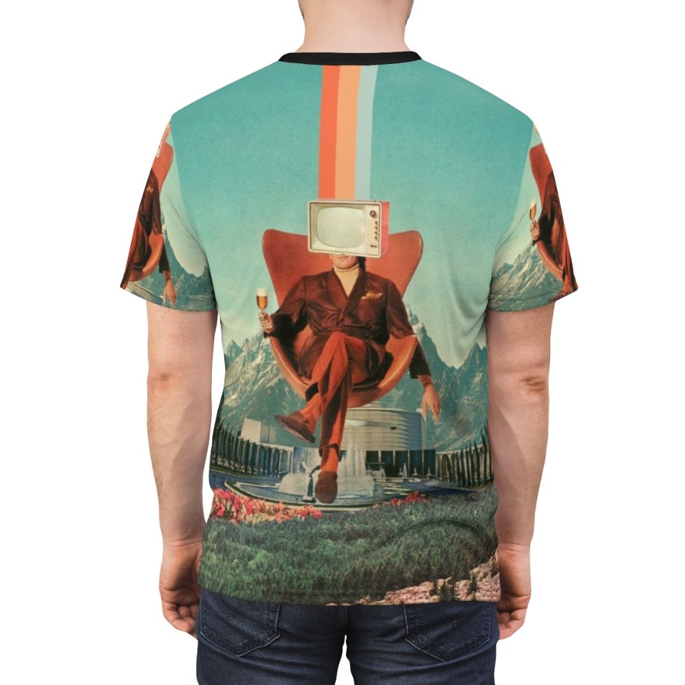 Surreal pop art collage design featuring a man, TV, mountains, and furniture in a multicolor, vintage-inspired graphic on a t-shirt. - men back