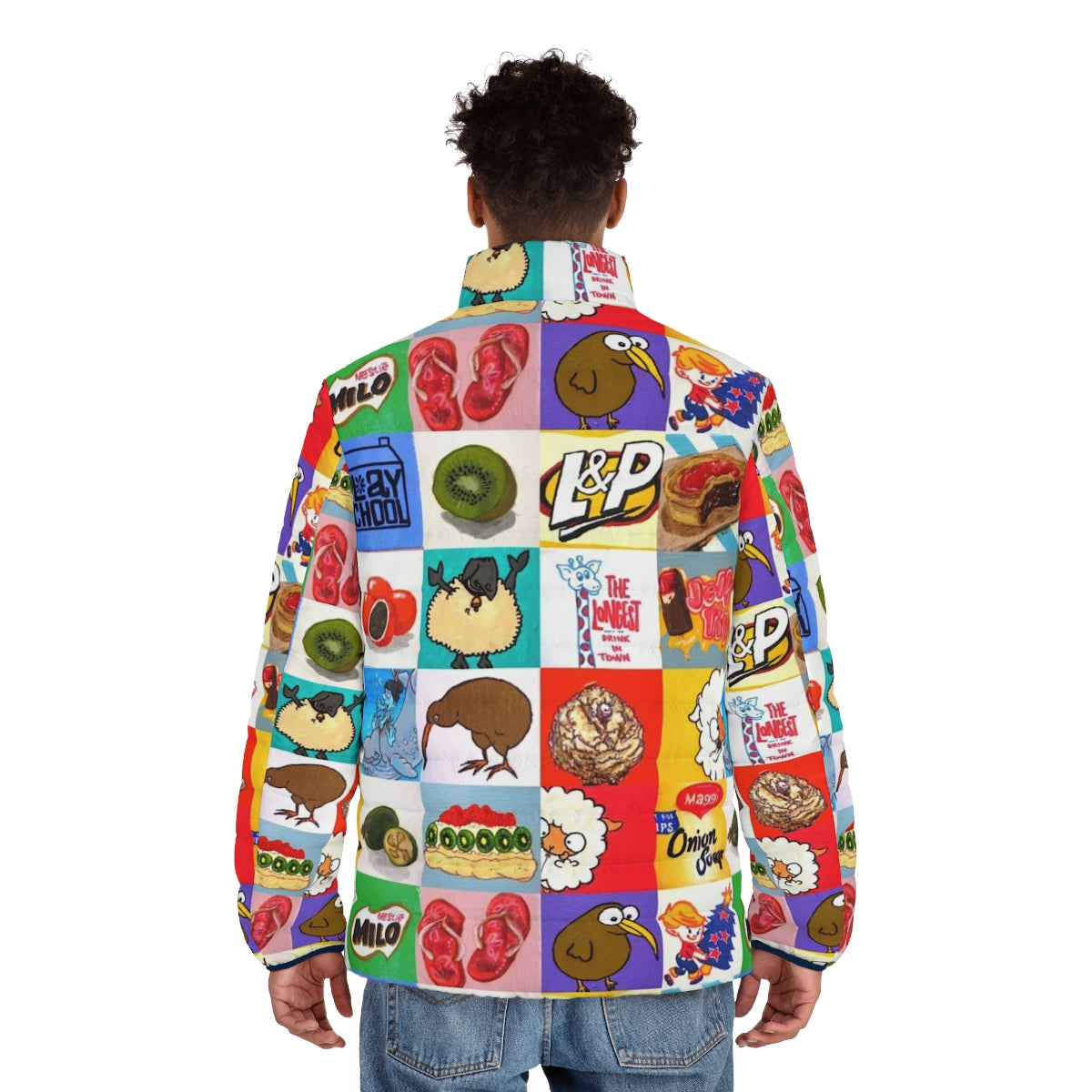 Kiwiana Puffer Jacket featuring a collage of New Zealand food and drink icons - men back