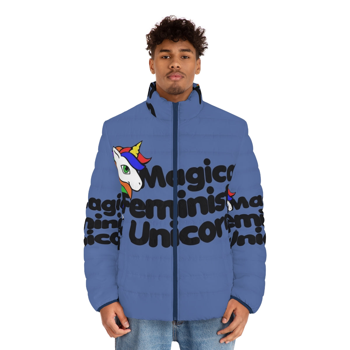 A colorful and whimsical puffer jacket featuring a magical unicorn design - men front