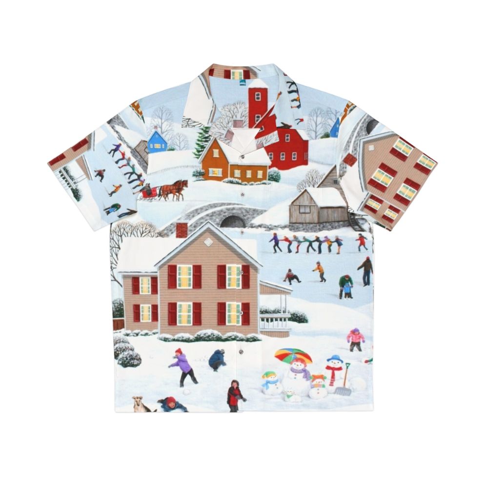 Festive winter Hawaiian shirt with snow, snowman, and ice skating elements