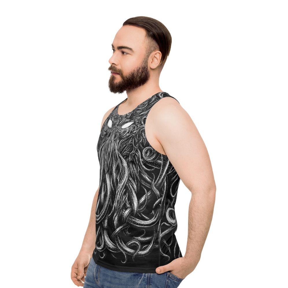 Lovecraft-inspired unisex tank top with gothic, supernatural design - men side