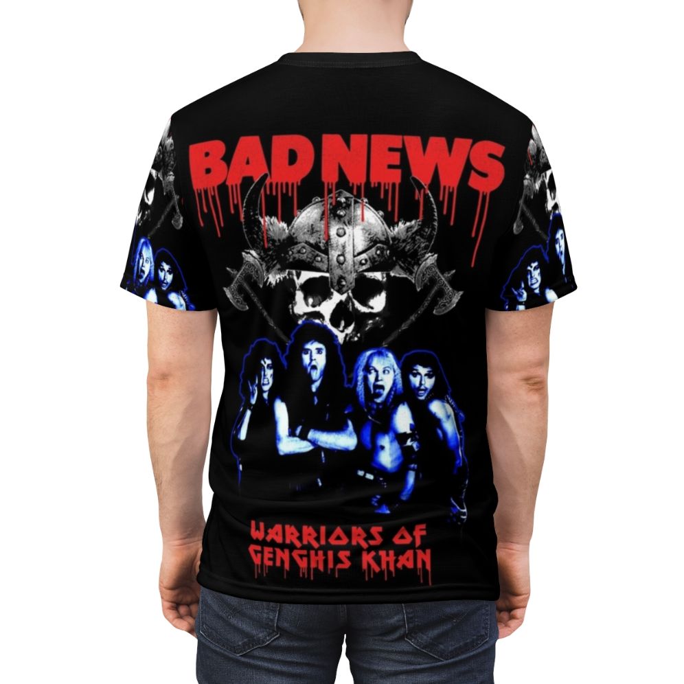 T-shirt featuring a parody design paying homage to the fictional heavy metal band "Bad News" from the British comedy series "The Young Ones" - men back