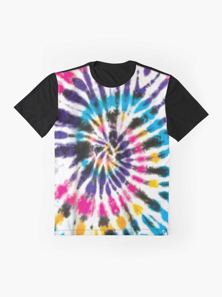 Colorful spiral tie dye graphic design on a t-shirt featuring black, white, purple, yellow, pink, and cyan colors. - Flat lay