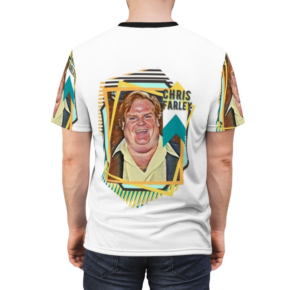 Retro-style t-shirt featuring an illustration of comedian Chris Farley - men back