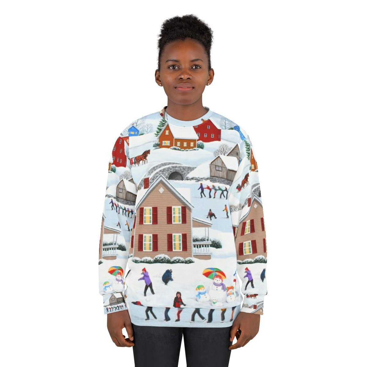 Winter folk art sweatshirt with snow landscape and Christmas holiday imagery - women