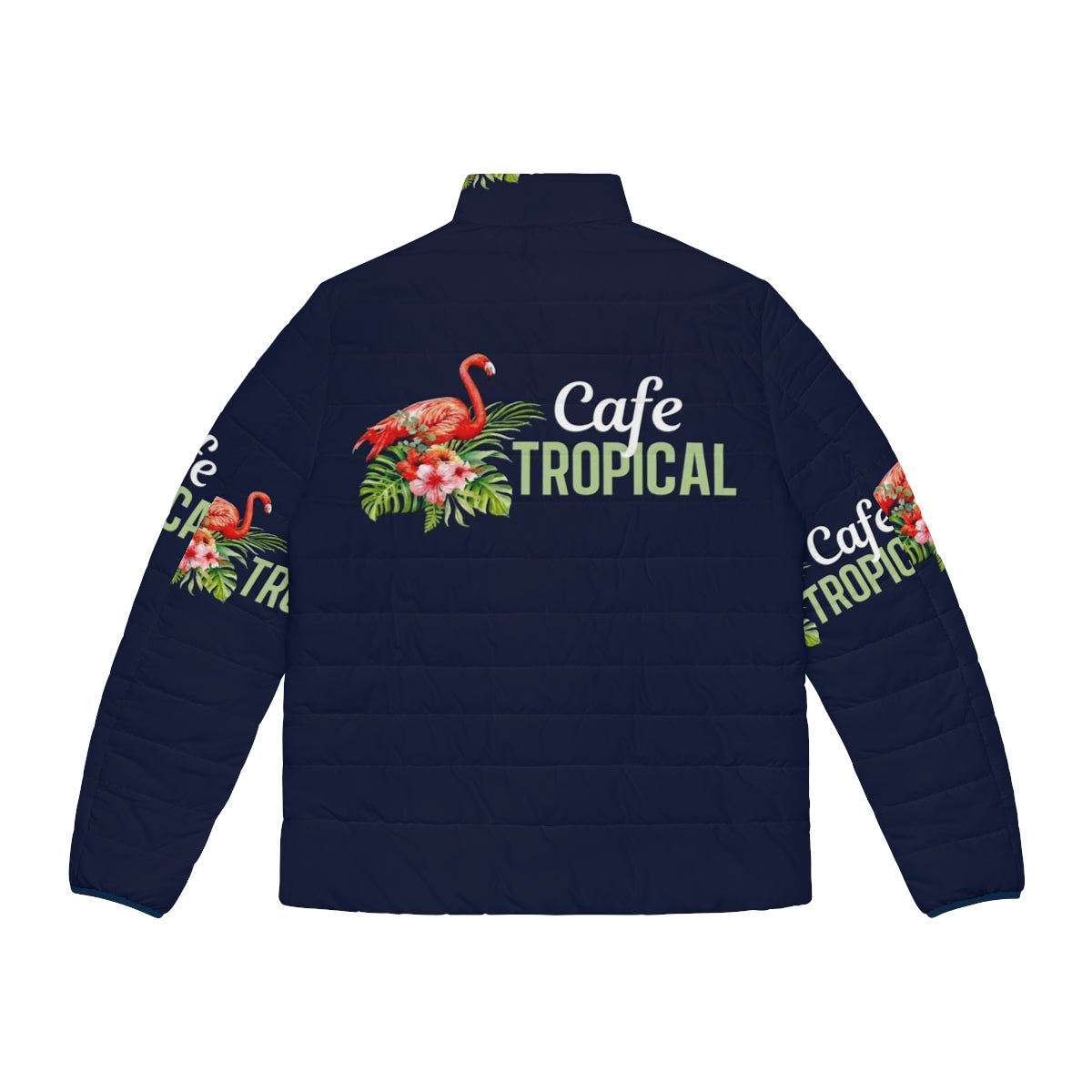 Cafe Tropical Schitts Creek Puffer Jacket with Flamingo Design - Back