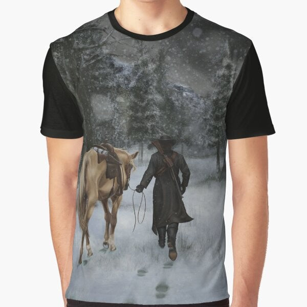 A graphic t-shirt featuring the iconic Red Dead Redemption game imagery, including a horse, outlaw, and western landscape.