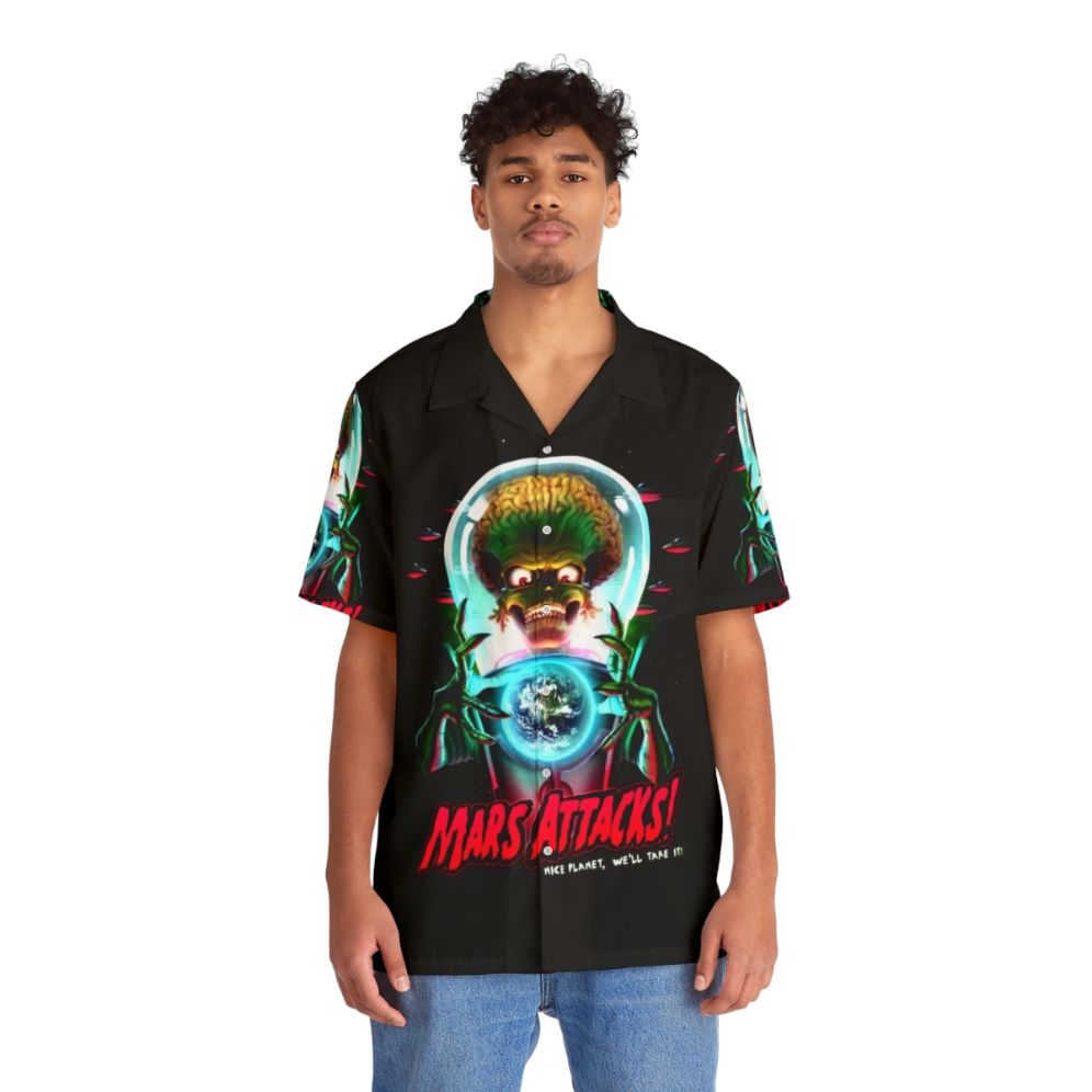 Retro Mars Attacks Movie Hawaiian Shirt with alien and green men design - People Front