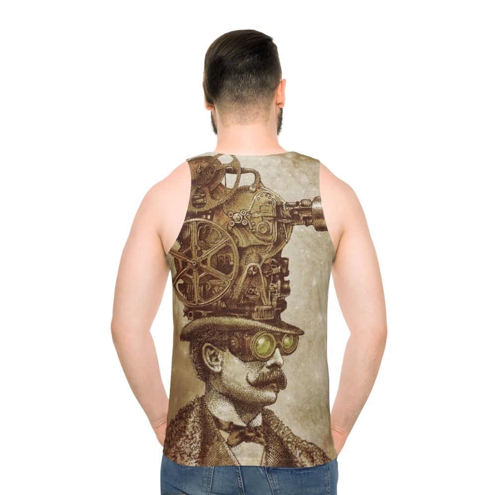 Unisex steampunk tank top with fantasy illustration of a movie projector - men back