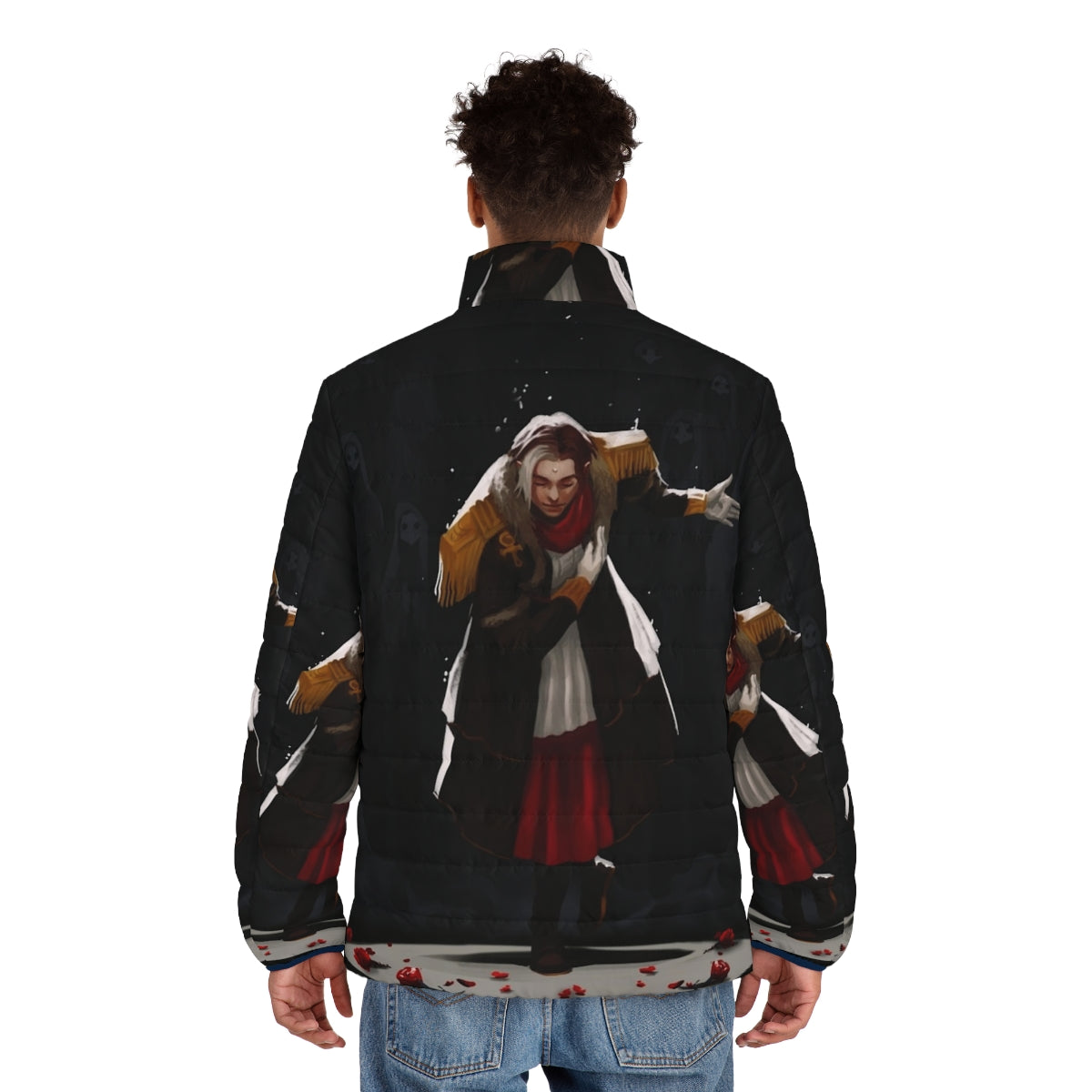 Ascian-inspired FFXIV Curtain Call puffer jacket with fantasy rose design - men back