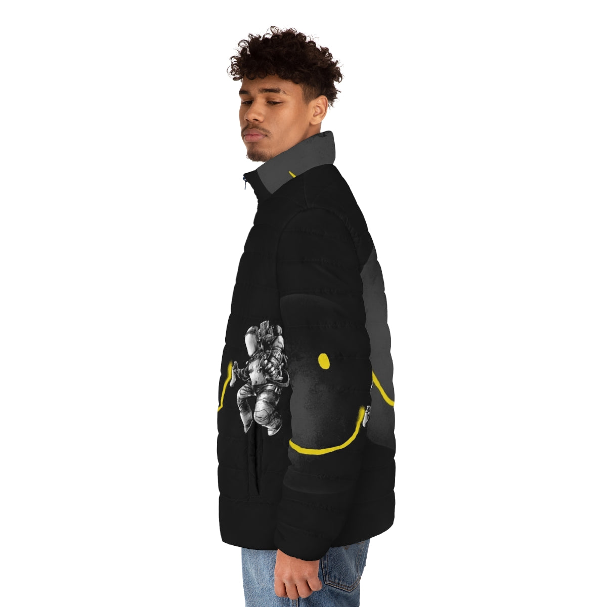 Puffer jacket with a surreal, abstract smiling face design against a cosmic, space-inspired background - men side left