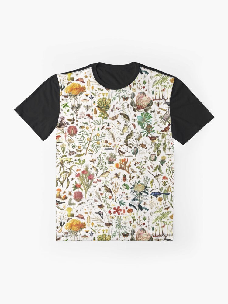 Vintage-style graphic t-shirt featuring a collage of Australian flora and fauna, including butterflies, birds, insects, and botanical elements. - Flat lay