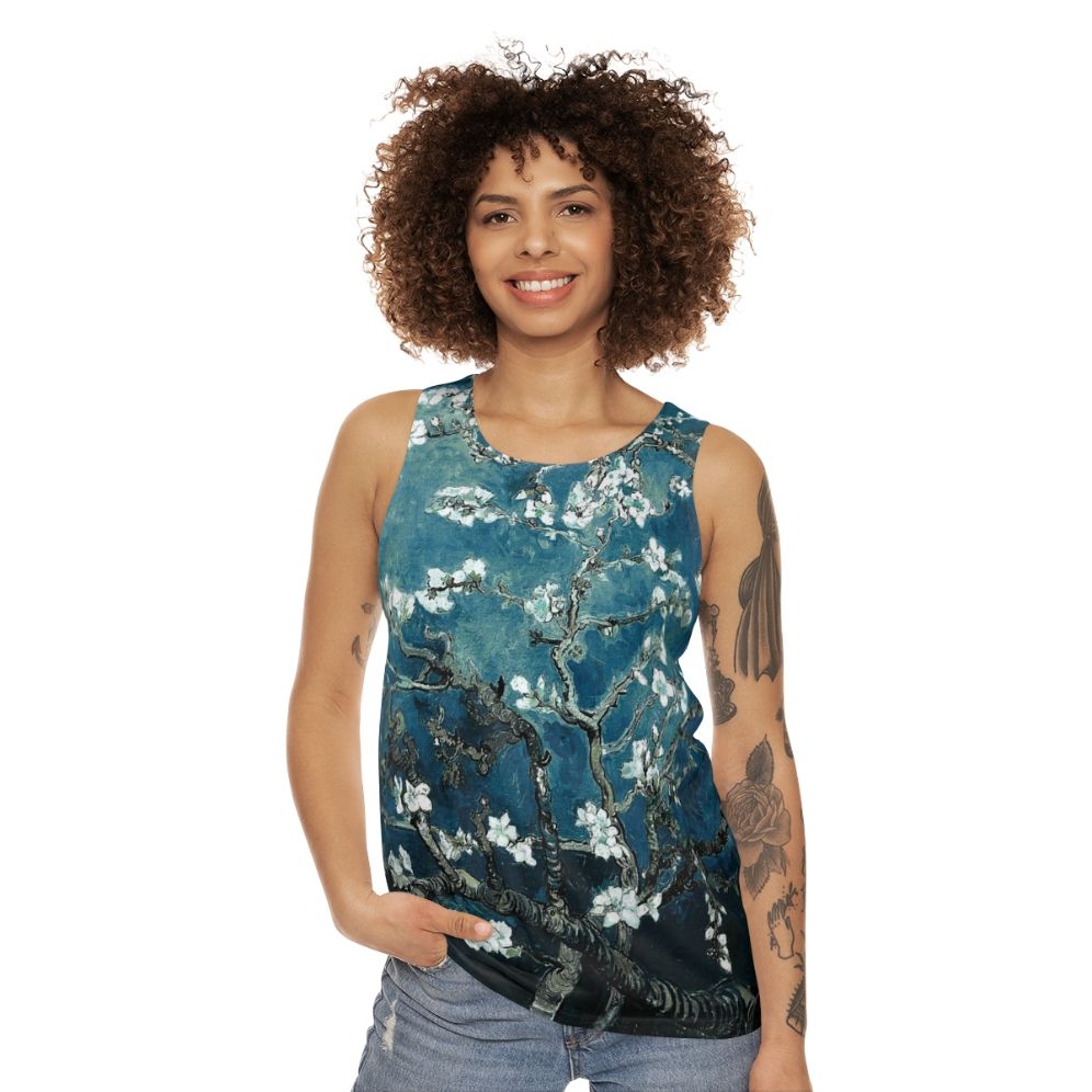 Vintage inspired Van Gogh Almond Blossoms Teal Unisex Tank Top - women