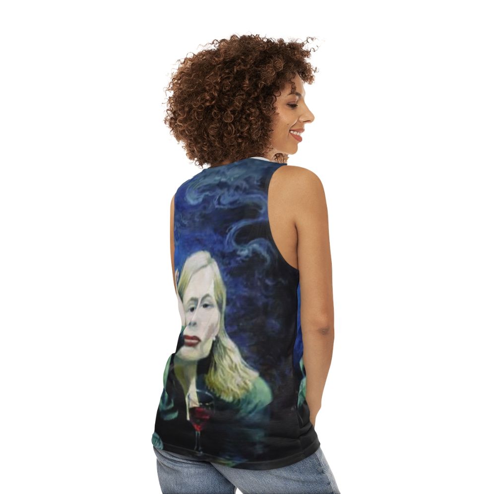 Unisex tank top featuring Joni Mitchell inspired "Both Sides Now" pop art design - women back