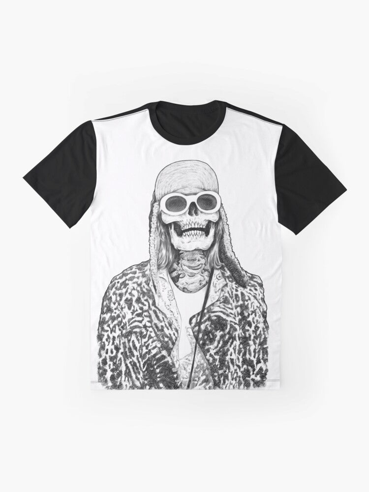 A graphic t-shirt featuring a skull design inspired by Kurt Cobain and Nirvana's grunge music. - Flat lay