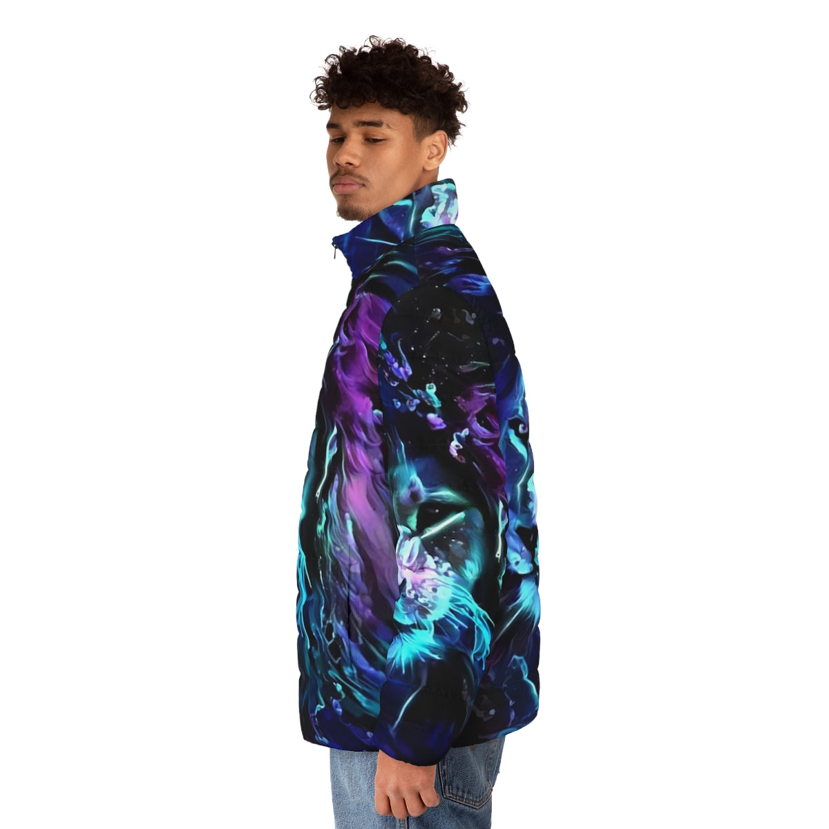 Neon lion puffer jacket with glowing blue, purple, and teal accents - men side left