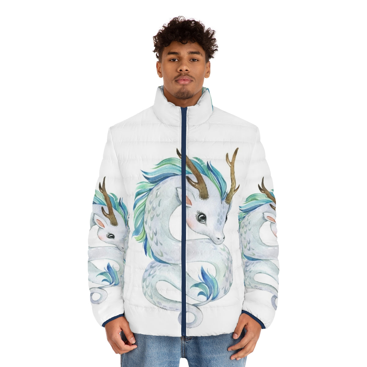 Cozy puffer jacket featuring a cute mythical dragon design - men front