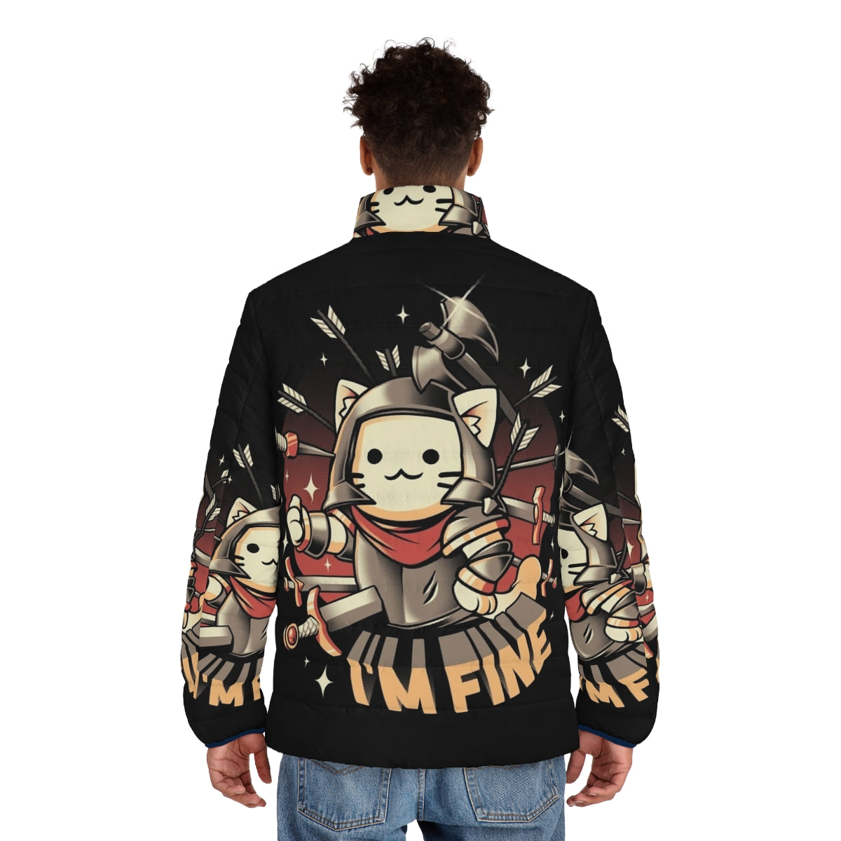 Cute "I'm Fine" puffer jacket with cat knight design for anime and manga lovers - men back