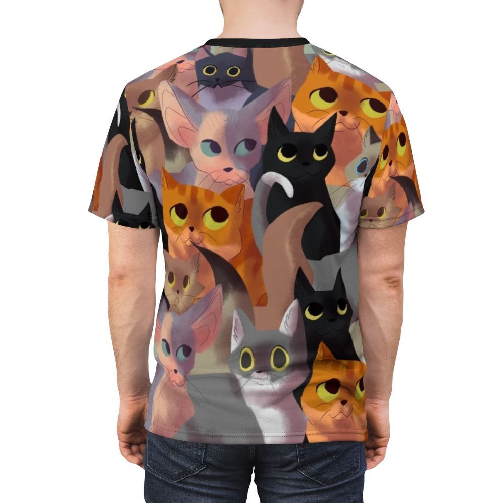 Stylish all-over print t-shirt featuring a vibrant, whimsical cat pattern design - men back