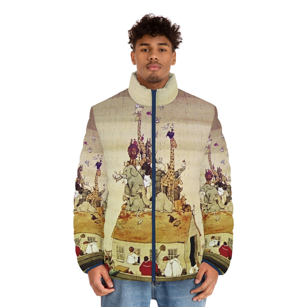 Puffer jacket with a whimsical illustration of Noah's Ark and animals by W. Heath Robinson - men front