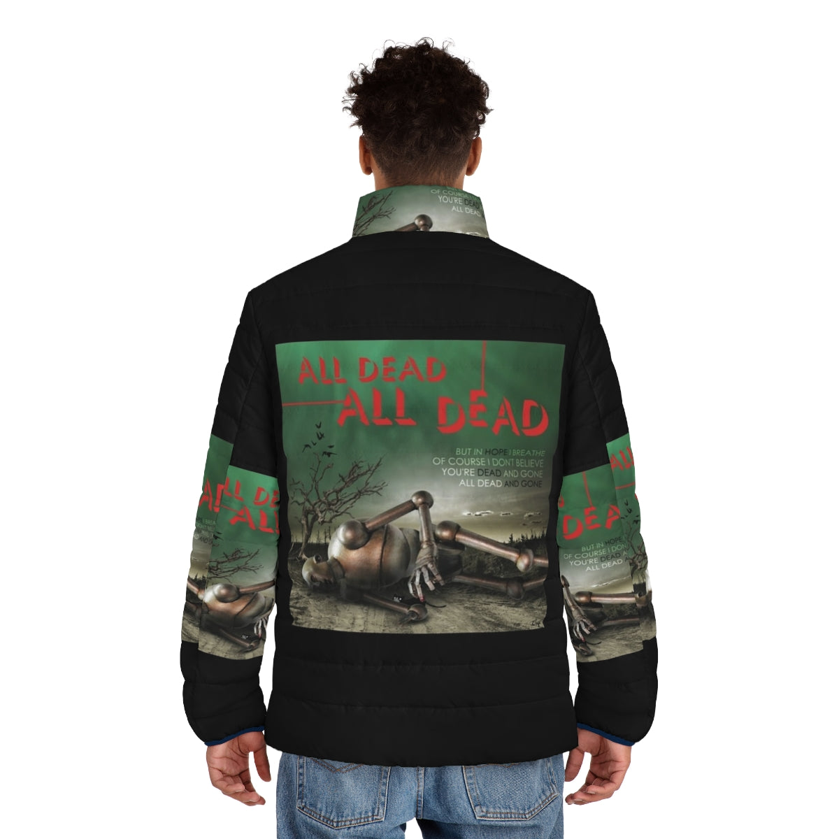 Retro 70s puffer jacket with vintage music inspired design - men back