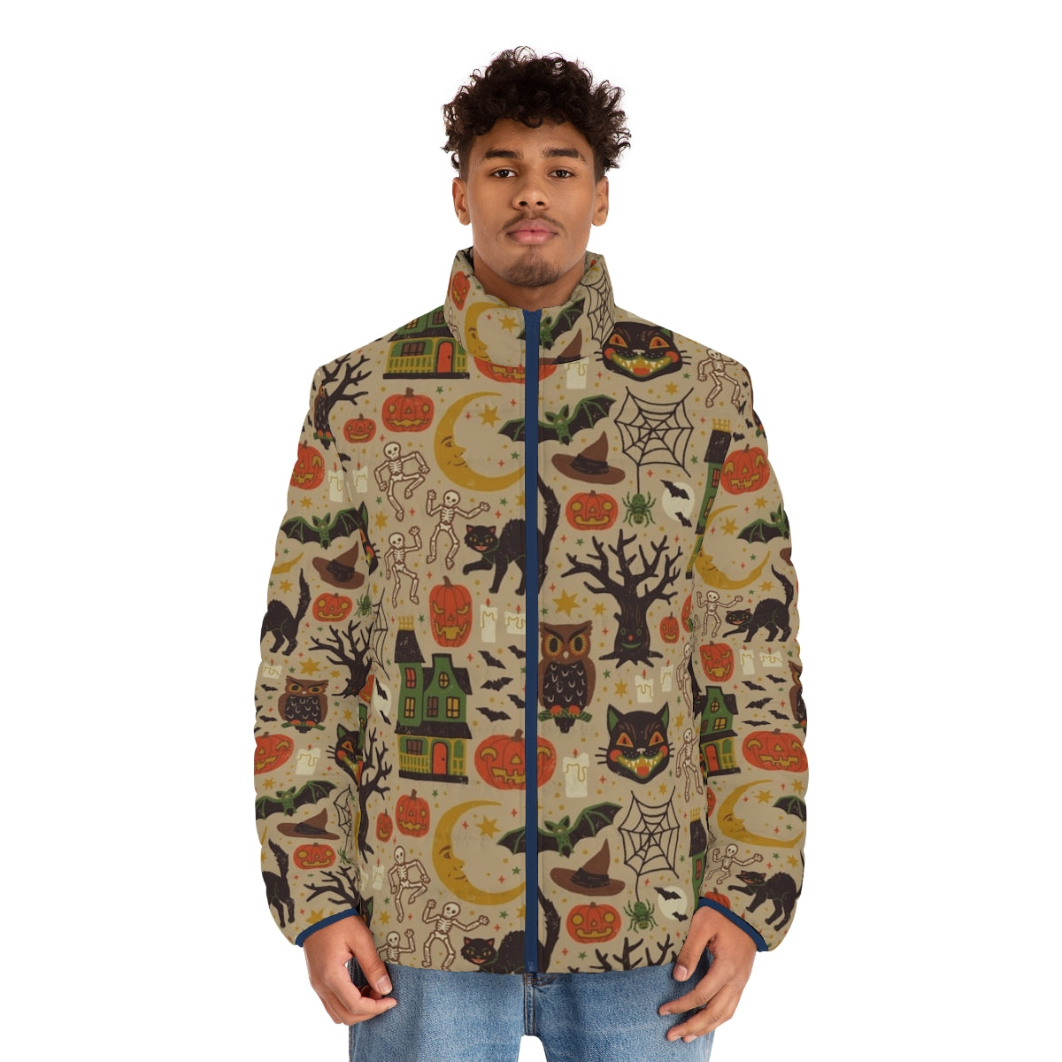 Vintage Halloween-themed puffer jacket with black cats, owls, and other spooky design elements - men front