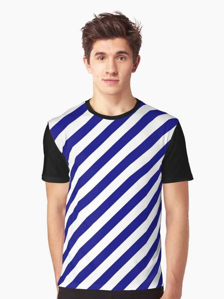 Blue and white diagonal stripes pattern on a graphic t-shirt - Men