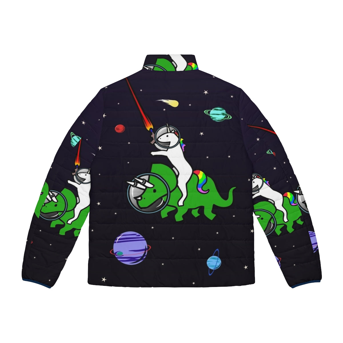 A whimsical puffer jacket featuring a unicorn riding a triceratops in an outer space setting - Back