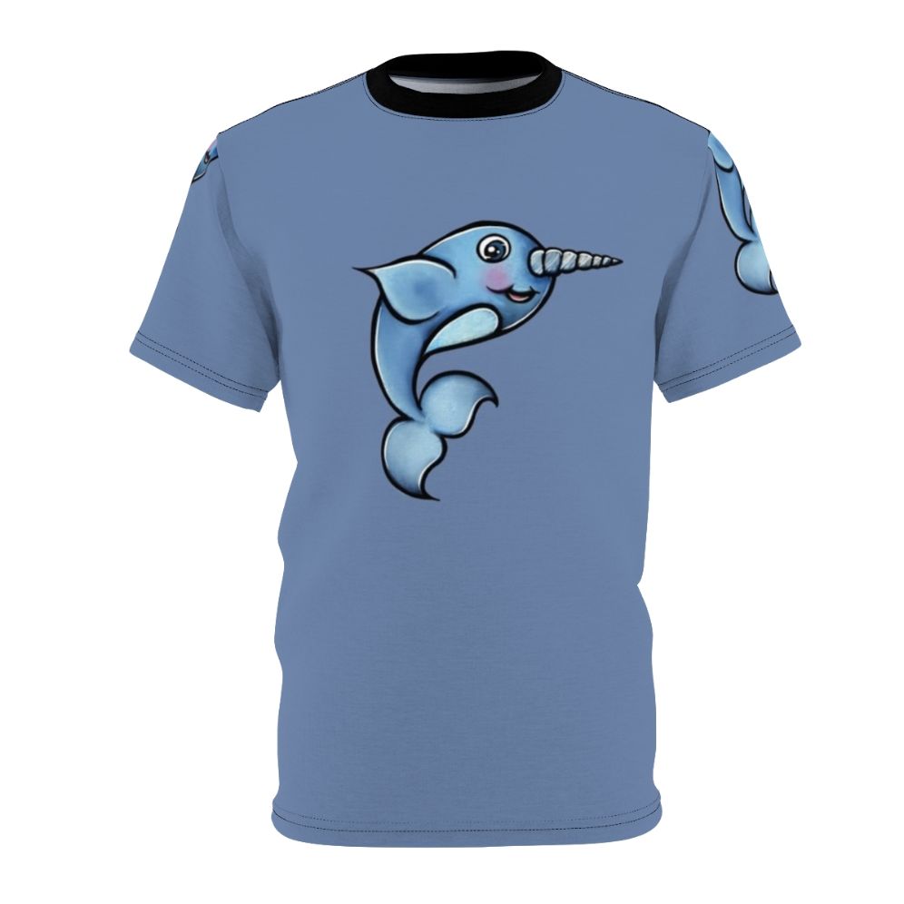 Illustration of a happy narwhal on a t-shirt design