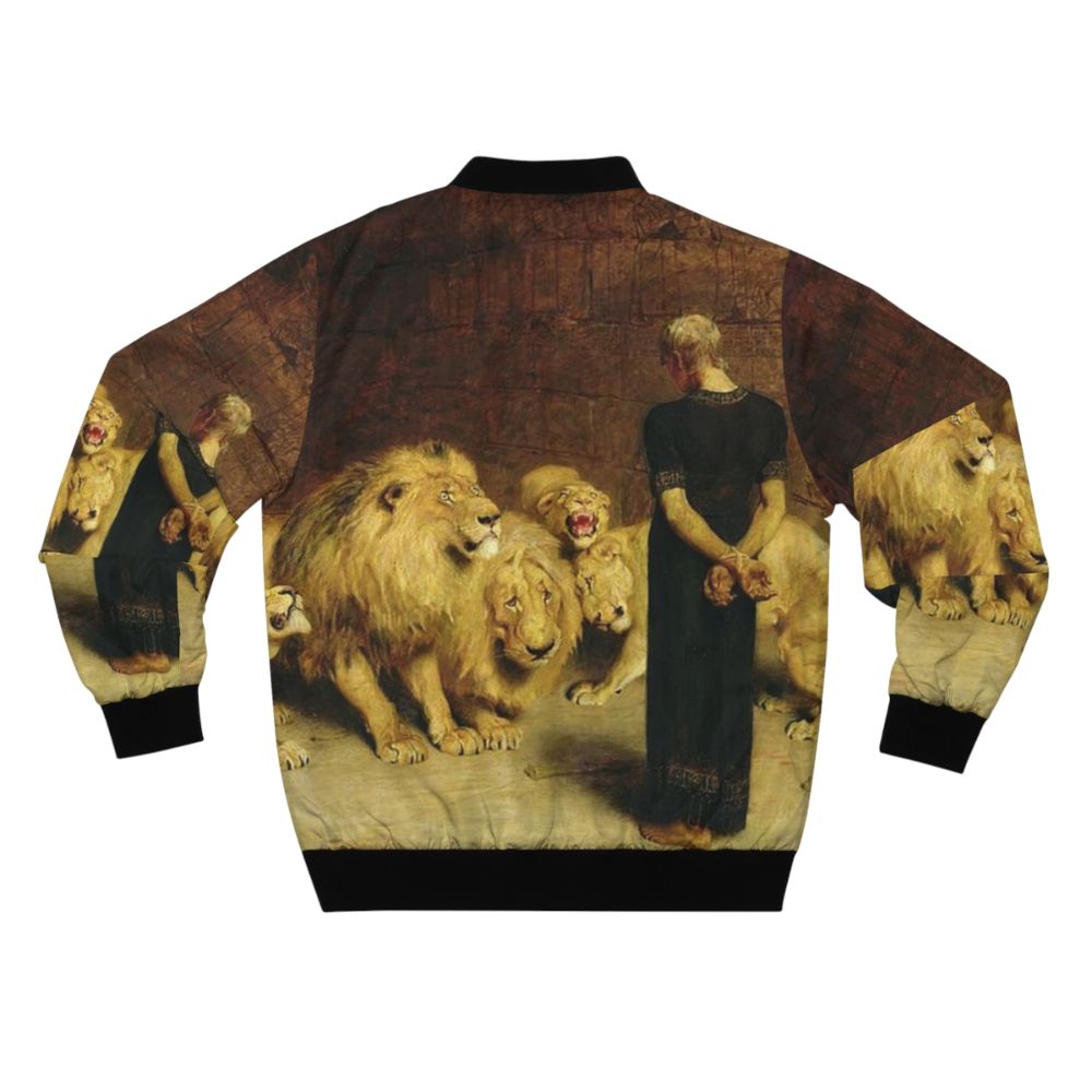 Vintage bomber jacket featuring a biblical scene of Daniel in the lions' den - Back