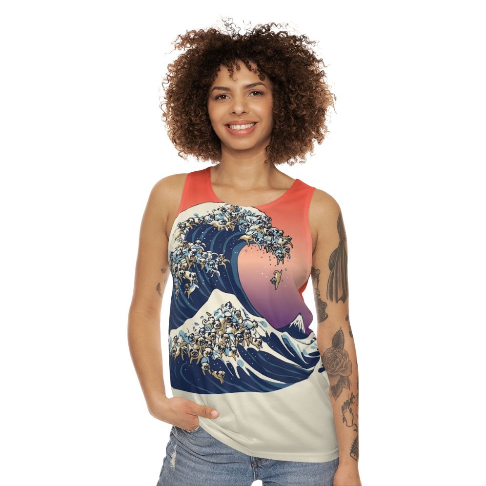 Pug Surfing The Great Wave Unisex Tank Top - women