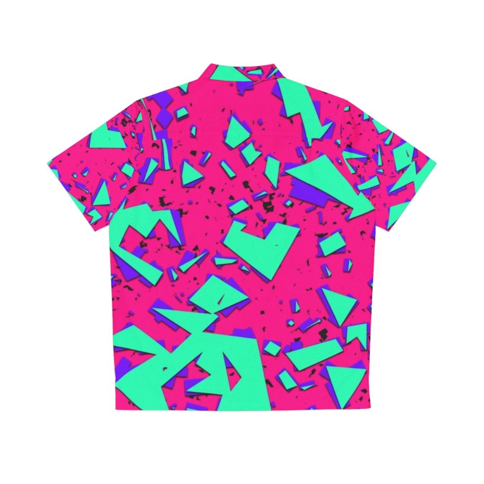 90s Abstract Geometric Pattern Teal and Pink Hawaiian Shirt - Back