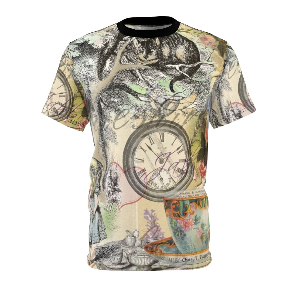 Whimsical Cheshire Cat Inspired T-Shirt with Vintage Alice in Wonderland Artwork