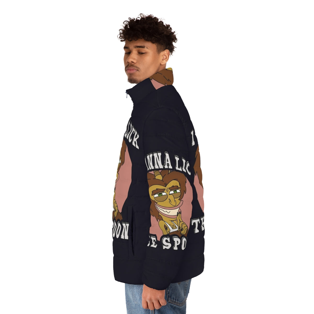 Big Mouth "I Wanna Lick the Spoon" Puffer Jacket featuring the Hormone Monster - men side left