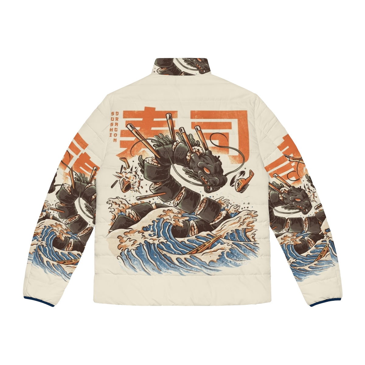 Vibrant puffer jacket featuring a fierce sushi dragon illustration in an anime-inspired, retro style - Back