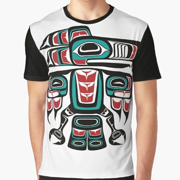 Haida raven totem graphic design on a t-shirt for native art and culture enthusiasts.