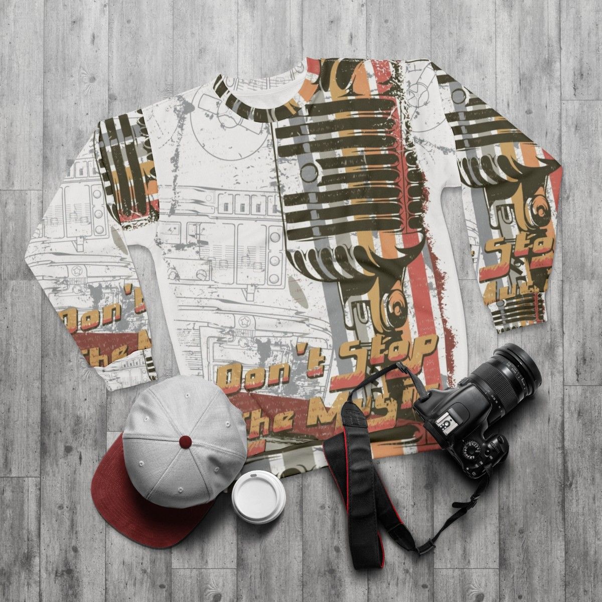 Vintage style sweatshirt with "Do Not Stop The Music" design - flat lay