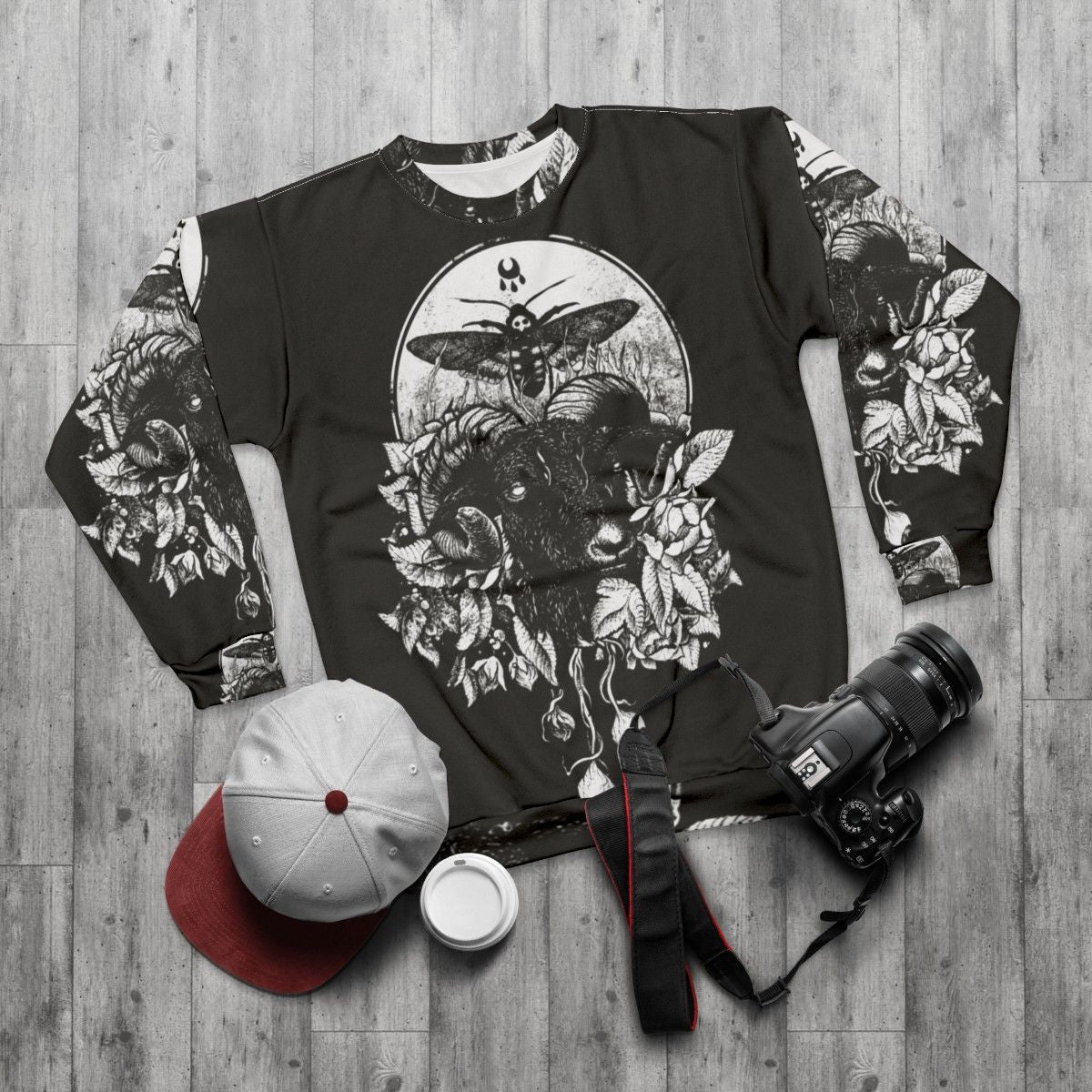 Gothic occult sweatshirt with dark nature and death metal inspired design - flat lay