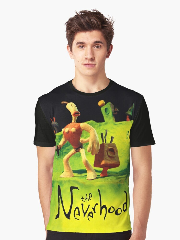 Retro "The Neverhood" graphic t-shirt featuring the Clayman character from the classic video game - Men