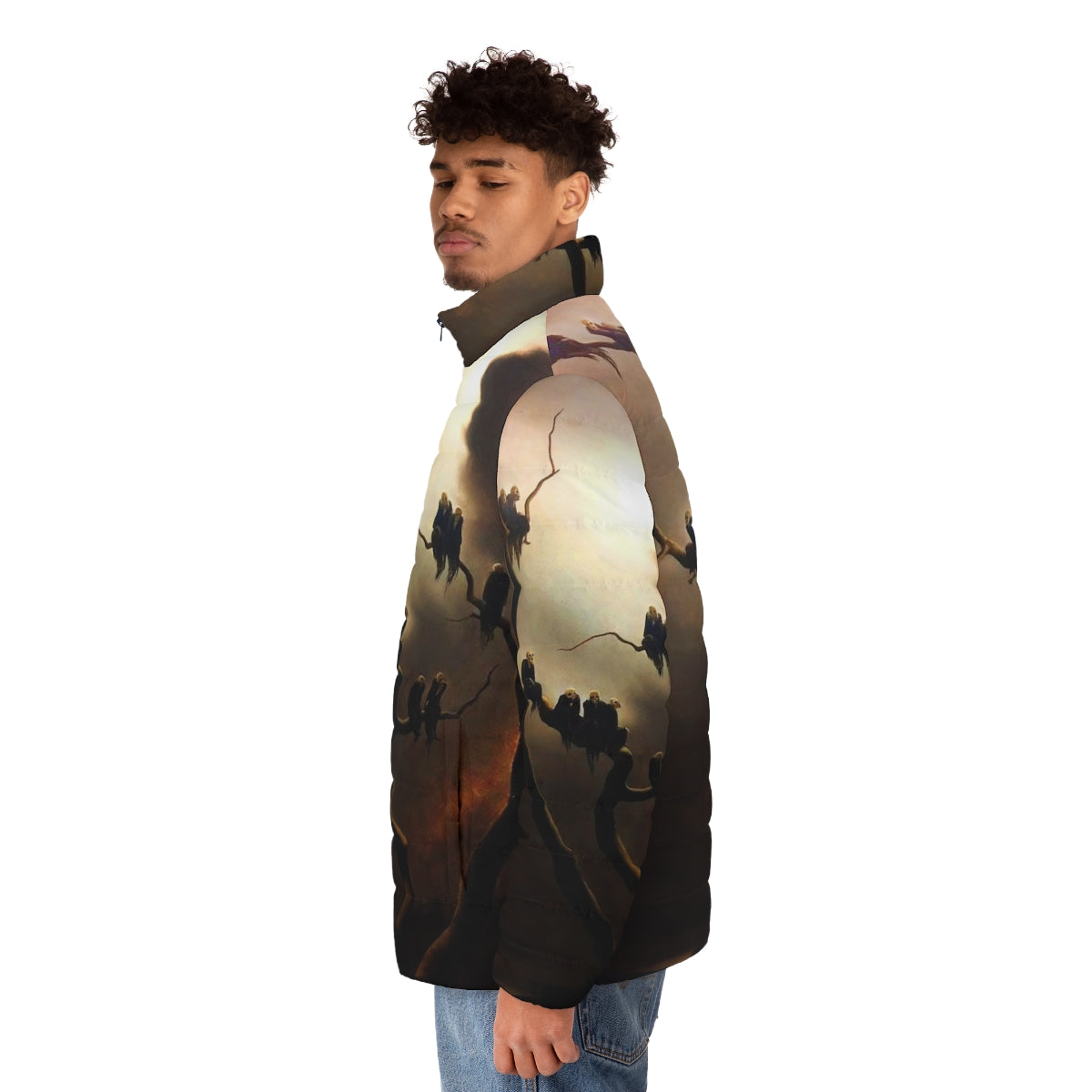 Retro puffer jacket with a surreal, haunting design featuring ghostly figures in a tree - men side left